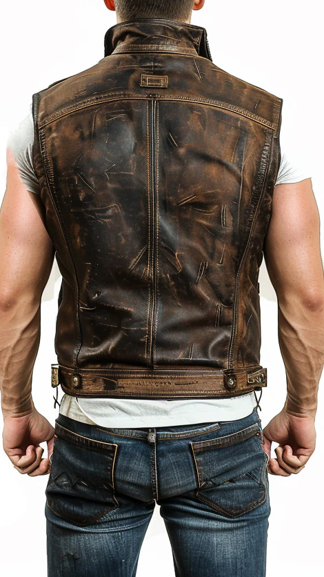 Men Atlas Distressed Brown Leather Vest - Image 2