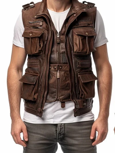 Men Rub off Military Leather Vest