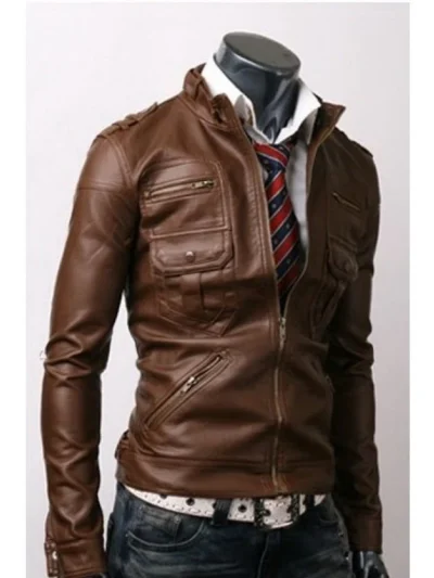 Trendy Zip Pocket Light Brown Leather Jacket