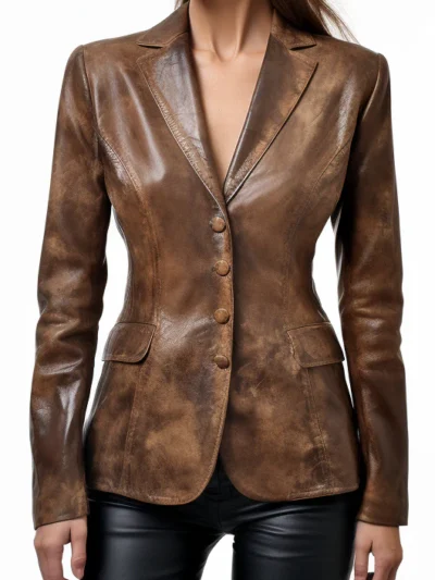Women Alessia Brown Distressed Leather Blazer